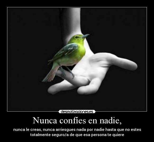 Nunca confíes en nadie, - nunca le creas, nunca arriesgues nada por nadie hasta que no estes
totalmente seguro/a de que esa persona te quiere