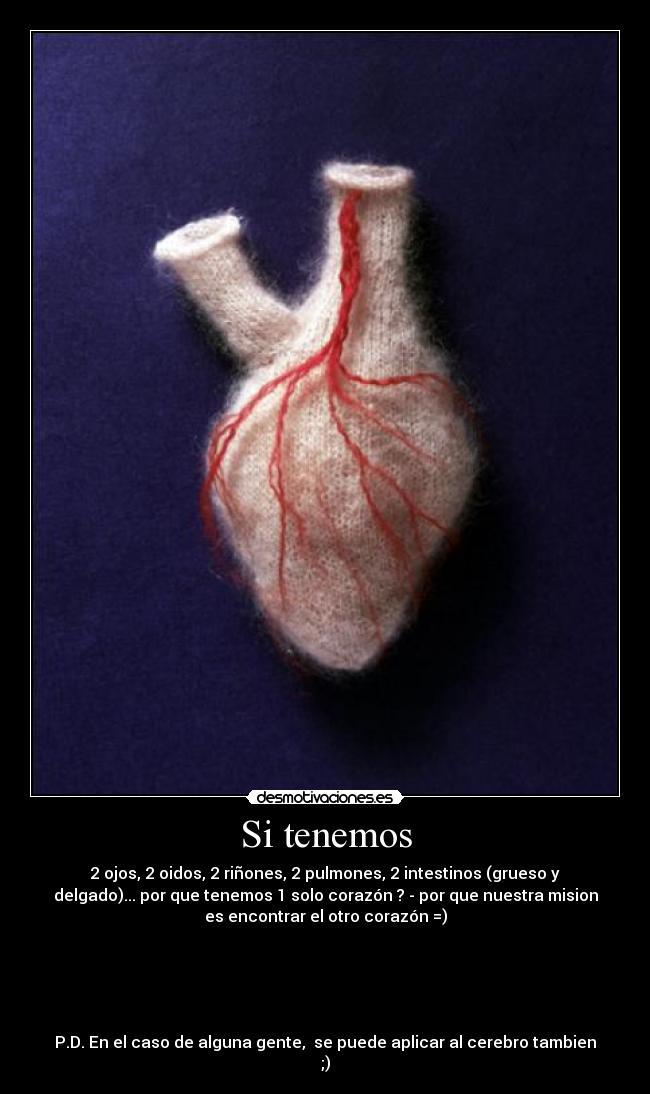 Si tenemos - 2 ojos, 2 oidos, 2 riñones, 2 pulmones, 2 intestinos (grueso y
delgado)... por que tenemos 1 solo corazón ? - por que nuestra mision
es encontrar el otro corazón =)





P.D. En el caso de alguna gente,  se puede aplicar al cerebro tambien
;)