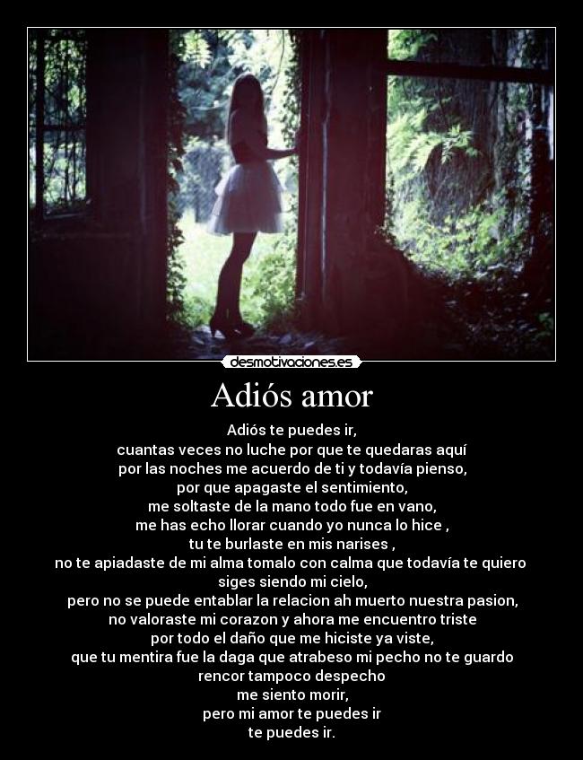 Adiós amor - Adiós te puedes ir,
cuantas veces no luche por que te quedaras aquí
por las noches me acuerdo de ti y todavía pienso,
por que apagaste el sentimiento,
me soltaste de la mano todo fue en vano,
me has echo llorar cuando yo nunca lo hice ,
tu te burlaste en mis narises ,
no te apiadaste de mi alma tomalo con calma que todavía te quiero 
siges siendo mi cielo,
pero no se puede entablar la relacion ah muerto nuestra pasion,
no valoraste mi corazon y ahora me encuentro triste
por todo el daño que me hiciste ya viste,
que tu mentira fue la daga que atrabeso mi pecho no te guardo
 rencor tampoco despecho 
me siento morir,
pero mi amor te puedes ir
te puedes ir.