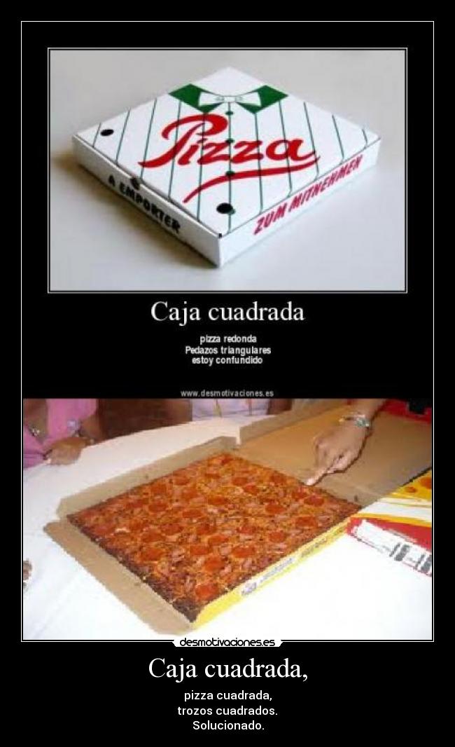 Caja cuadrada, - pizza cuadrada,
trozos cuadrados.
Solucionado.