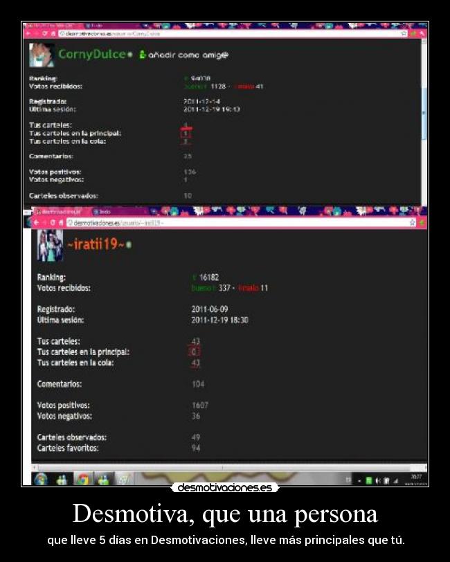Desmotiva, que una persona - que lleve 5 días en Desmotivaciones, lleve más principales que tú.