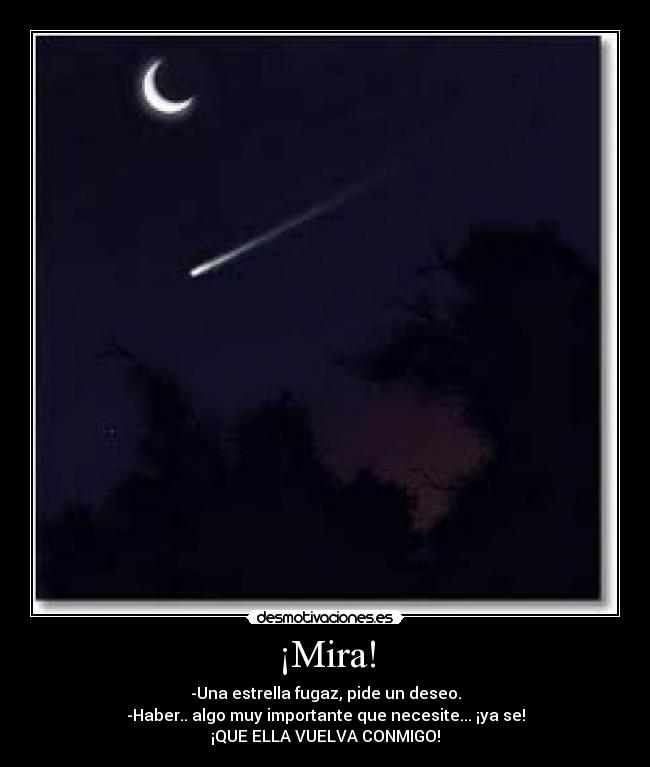 ¡Mira! - -Una estrella fugaz, pide un deseo.
-Haber.. algo muy importante que necesite... ¡ya se!
¡QUE ELLA VUELVA CONMIGO!