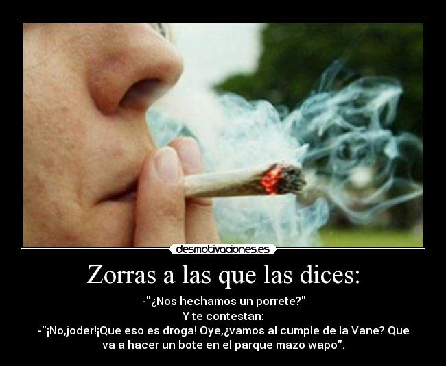 Zorras a las que las dices: - -¿Nos hechamos un porrete?
Y te contestan:
-¡No,joder!¡Que eso es droga! Oye,¿vamos al cumple de la Vane? Que
va a hacer un bote en el parque mazo wapo.