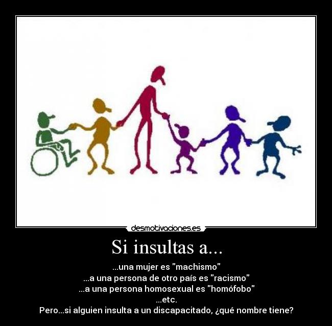 Si insultas a... - ...una mujer es machismo
...a una persona de otro país es racismo
...a una persona homosexual es homófobo
...etc.
Pero...si alguien insulta a un discapacitado, ¿qué nombre tiene?