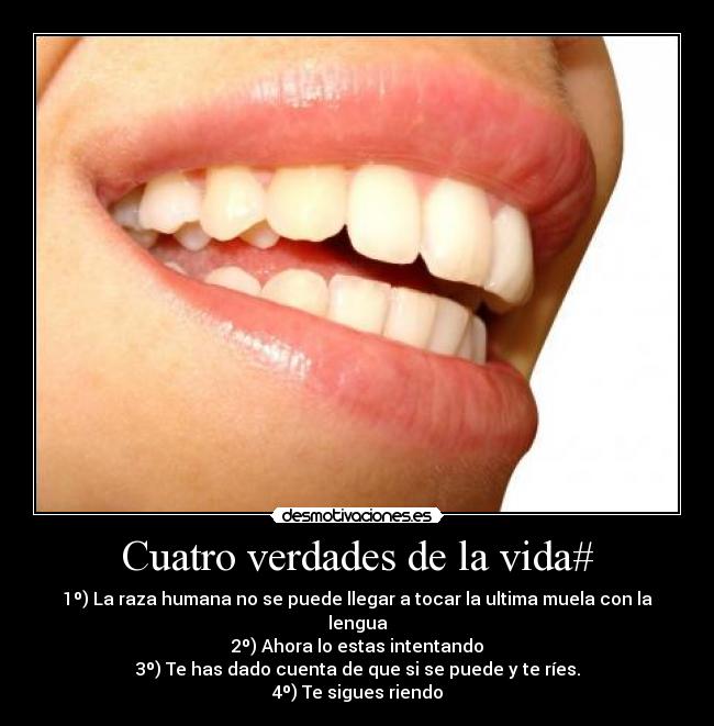 Cuatro verdades de la vida# - 1º) La raza humana no se puede llegar a tocar la ultima muela con la lengua
2º) Ahora lo estas intentando
3º) Te has dado cuenta de que si se puede y te ríes.
4º) Te sigues riendo