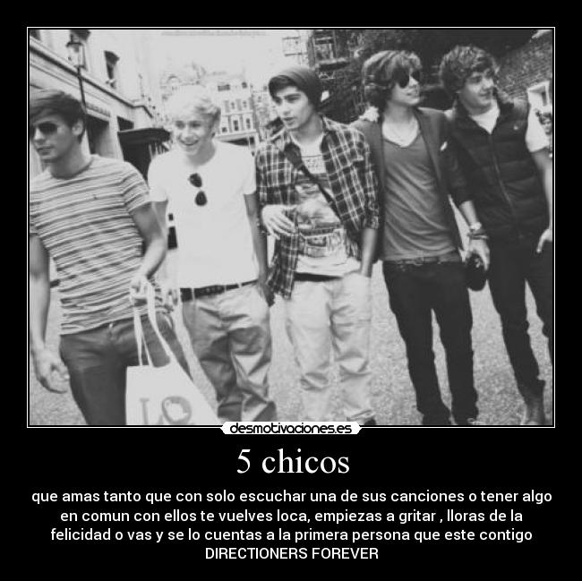5 chicos - que amas tanto que con solo escuchar una de sus canciones o tener algo
en comun con ellos te vuelves loca, empiezas a gritar , lloras de la
felicidad o vas y se lo cuentas a la primera persona que este contigo
DIRECTIONERS FOREVER