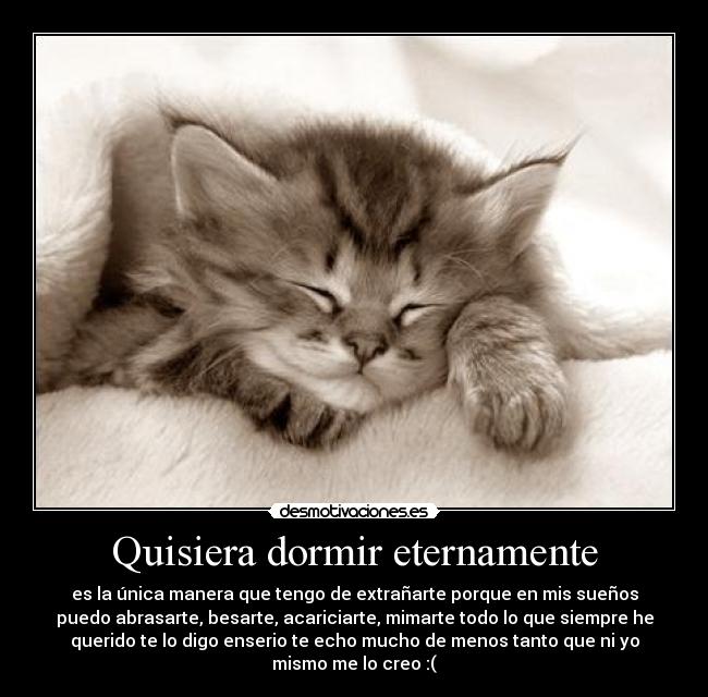 Quisiera dormir eternamente - es la única manera que tengo de extrañarte porque en mis sueños
puedo abrasarte, besarte, acariciarte, mimarte todo lo que siempre he
querido te lo digo enserio te echo mucho de menos tanto que ni yo
mismo me lo creo :(