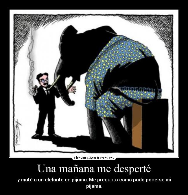 Una mañana me desperté - y maté a un elefante en pijama. Me pregunto como pudo ponerse mi pijama.
