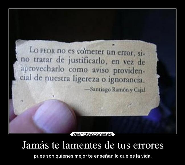 Jamás te lamentes de tus errores - pues son quienes mejor te enseñan lo que es la vida.