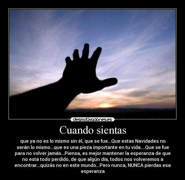 Cuando sientas - que ya no es lo mismo sin él, que se fue...Que estas Navidades no
serán lo mismo...que es una pieza importante en tu vida....Que se fue
para no volver jamás...Piensa, es mejor mantener la esperanza de que
no está todo perdido, de que algún día, todos nos volveremos a
encontrar...quizás no en este mundo...Pero nunca, NUNCA pierdas esa
esperanza