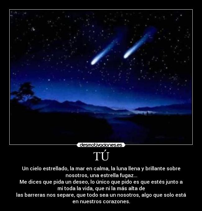 TÚ - Un cielo estrellado, la mar en calma, la luna llena y brillante sobre
nosotros, una estrella fugaz...
Me dices que pida un deseo, lo único que pido es que estés junto a
mi toda la vida, que ni la más alta de
las barreras nos separe, que todo sea un nosotros, algo que solo está
en nuestros corazones.