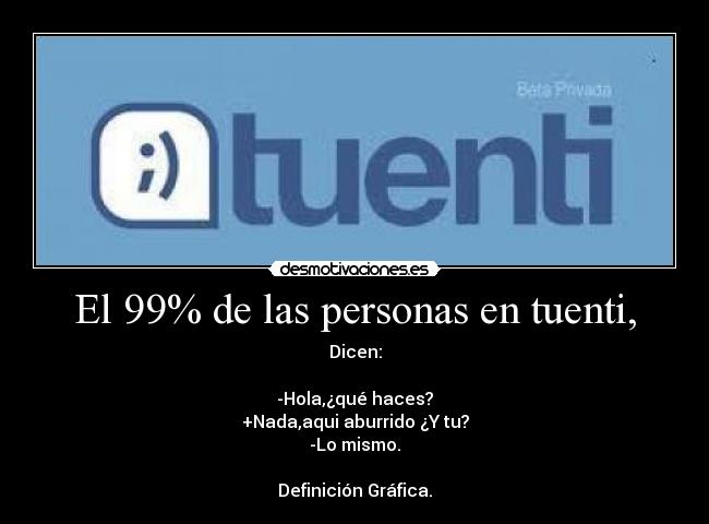 El 99% de las personas en tuenti, - Dicen:
-Hola,¿qué haces?
+Nada,aqui aburrido ¿Y tu?
-Lo mismo.
Definición Gráfica.