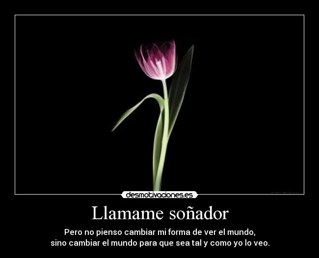 Llamame soñador - Pero no pienso cambiar mi forma de ver el mundo,
sino cambiar el mundo para que sea tal y como yo lo veo.
