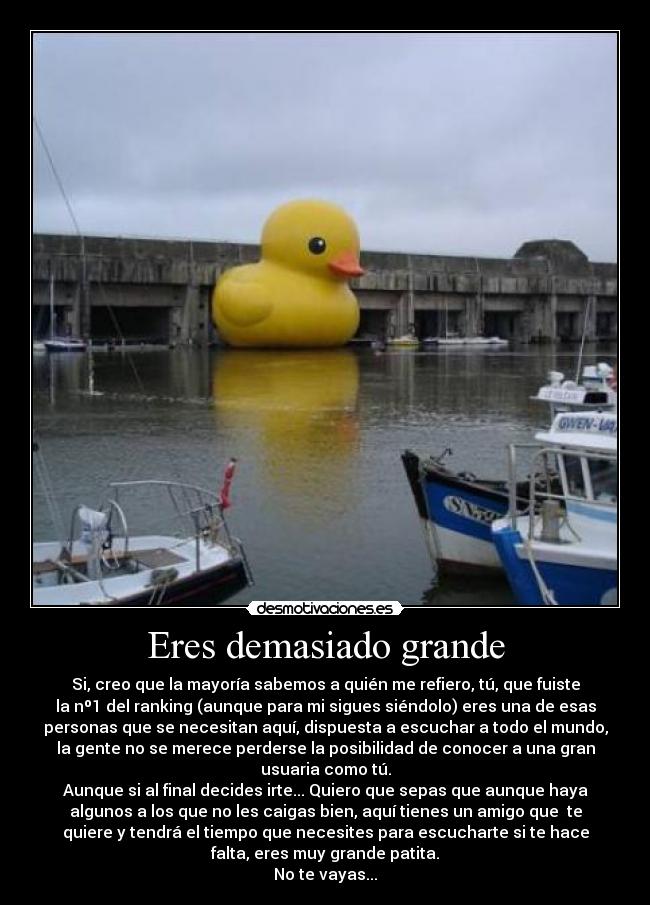 Eres demasiado grande - Si, creo que la mayoría sabemos a quién me refiero, tú, que fuiste
la nº1 del ranking (aunque para mi sigues siéndolo) eres una de esas
personas que se necesitan aquí, dispuesta a escuchar a todo el mundo,
la gente no se merece perderse la posibilidad de conocer a una gran
usuaria como tú.
Aunque si al final decides irte... Quiero que sepas que aunque haya
algunos a los que no les caigas bien, aquí tienes un amigo que  te
quiere y tendrá el tiempo que necesites para escucharte si te hace
falta, eres muy grande patita.
No te vayas...