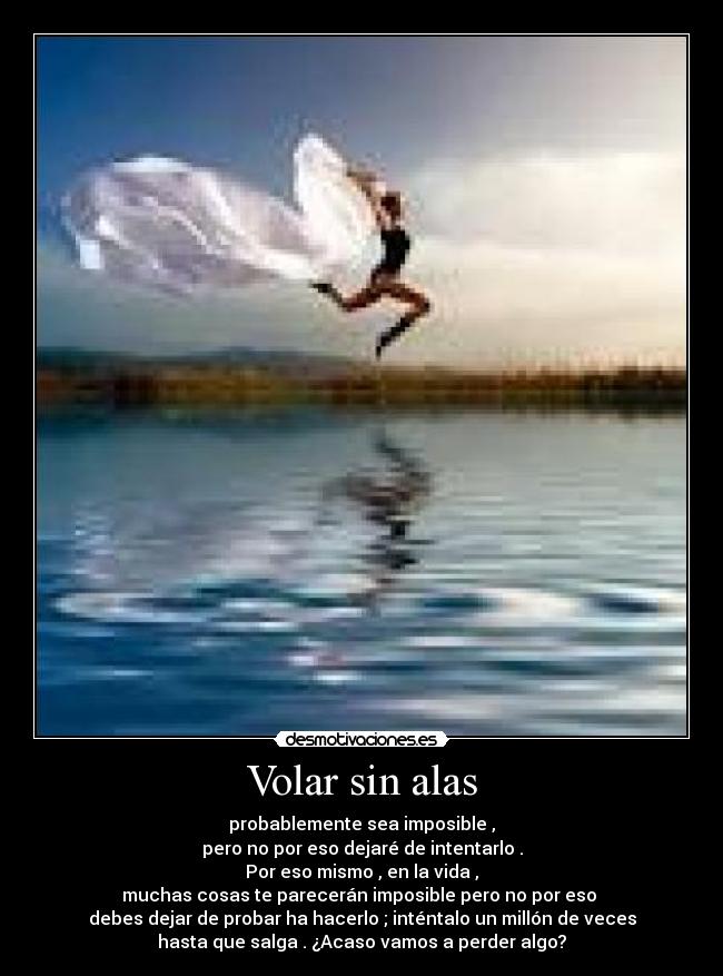 Volar sin alas - probablemente sea imposible ,
pero no por eso dejaré de intentarlo .
Por eso mismo , en la vida ,
muchas cosas te parecerán imposible pero no por eso
debes dejar de probar ha hacerlo ; inténtalo un millón de veces
hasta que salga . ¿Acaso vamos a perder algo?