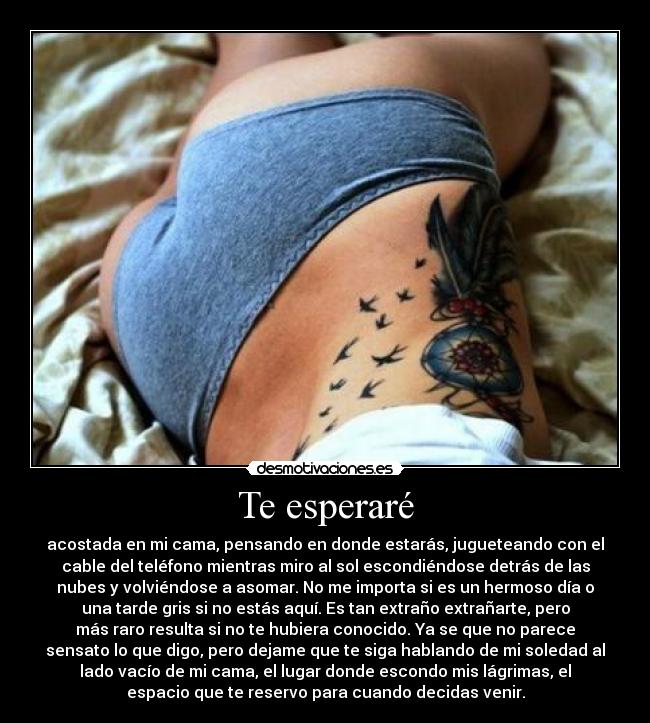 Te esperaré - acostada en mi cama, pensando en donde estarás, jugueteando con el
cable del teléfono mientras miro al sol escondiéndose detrás de las
nubes y volviéndose a asomar. No me importa si es un hermoso día o
una tarde gris si no estás aquí. Es tan extraño extrañarte, pero
más raro resulta si no te hubiera conocido. Ya se que no parece
sensato lo que digo, pero dejame que te siga hablando de mi soledad al
lado vacío de mi cama, el lugar donde escondo mis lágrimas, el
espacio que te reservo para cuando decidas venir.