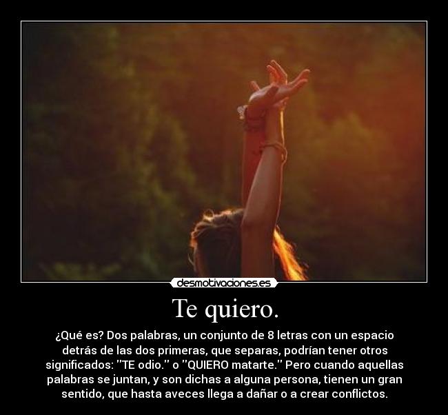 Te quiero. - ¿Qué es? Dos palabras, un conjunto de 8 letras con un espacio
detrás de las dos primeras, que separas, podrían tener otros
significados: TE odio. o QUIERO matarte. Pero cuando aquellas
palabras se juntan, y son dichas a alguna persona, tienen un gran
sentido, que hasta aveces llega a dañar o a crear conflictos.