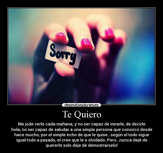 Te Quiero - Me jode verle cada mañana, y no ser capaz de mirarle, de decirle
hola, no ser capaz de saludar a una simple persona que conozco desde
hace mucho, por el simple echo de que le quise...según el todo sigue
igual todo a pasado, el cree que le e olvidado..Pero...nunca dejé de
quererle solo deje de demostrarselo!♥
