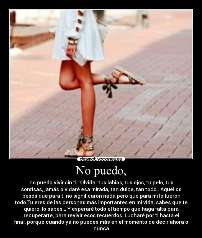 No puedo, - no puedo vivir sin ti.  Olvidar tus labios, tus ojos, tu pelo, tus
sonrisas, jamás olvidaré esa mirada, tan dulce, tan todo.. Aquellos
besos que para ti no significaron nada pero que para mi lo fueron
todo.Tu eres de las personas más importantes en mi vida, sabes que te
quiero, lo sabes... Y esperaré todo el tiempo que haga falta para
recuperarte, para revivir esos recuerdos. Lucharé por ti hasta el
final, porque cuando ya no puedes más en el momento de decir ahora o
nunca