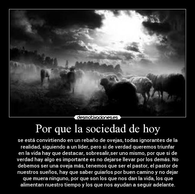 Por que la sociedad de hoy - se está convirtiendo en un rebaño de ovejas, todas ignorantes de la
realidad, siguiendo a un líder, pero si de verdad queremos triunfar
en la vida hay que destacar, sobresalir,ser uno mismo, por que si de
verdad hay algo es importante es no dejarse llevar por los demás. No
debemos ser una oveja más, tenemos que ser el pastor, el pastor de
nuestros sueños, hay que saber guiarlos por buen camino y no dejar
que muera ninguno, por que son los que nos dan la vida, los que
alimentan nuestro tiempo y los que nos ayudan a seguir adelante.