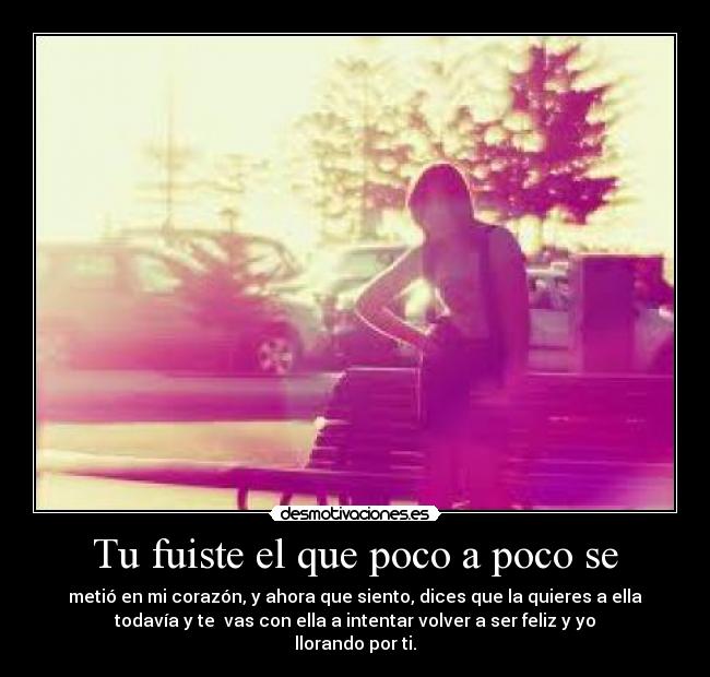 Tu fuiste el que poco a poco se - metió en mi corazón, y ahora que siento, dices que la quieres a ella
todavía y te  vas con ella a intentar volver a ser feliz y yo
llorando por ti.