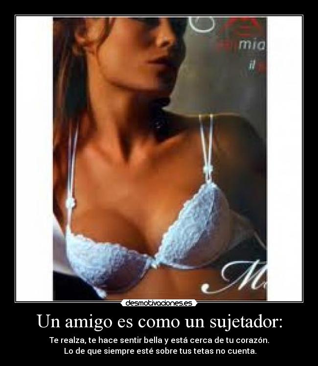 Un amigo es como un sujetador: - Te realza, te hace sentir bella y está cerca de tu corazón.
Lo de que siempre esté sobre tus tetas no cuenta.