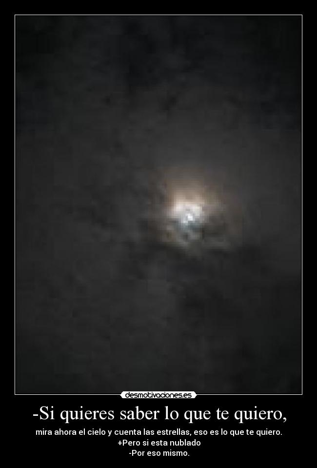 -Si quieres saber lo que te quiero, - mira ahora el cielo y cuenta las estrellas, eso es lo que te quiero.
+Pero si esta nublado
-Por eso mismo.