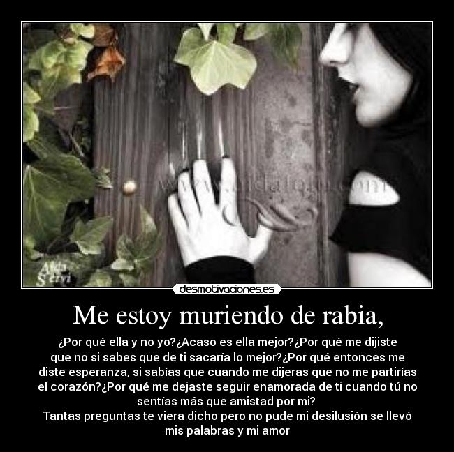 Me estoy muriendo de rabia, - ¿Por qué ella y no yo?¿Acaso es ella mejor?¿Por qué me dijiste
que no si sabes que de ti sacaría lo mejor?¿Por qué entonces me
diste esperanza, si sabías que cuando me dijeras que no me partirías
el corazón?¿Por qué me dejaste seguir enamorada de ti cuando tú no
sentías más que amistad por mi? 
Tantas preguntas te viera dicho pero no pude mi desilusión se llevó
mis palabras y mi amor