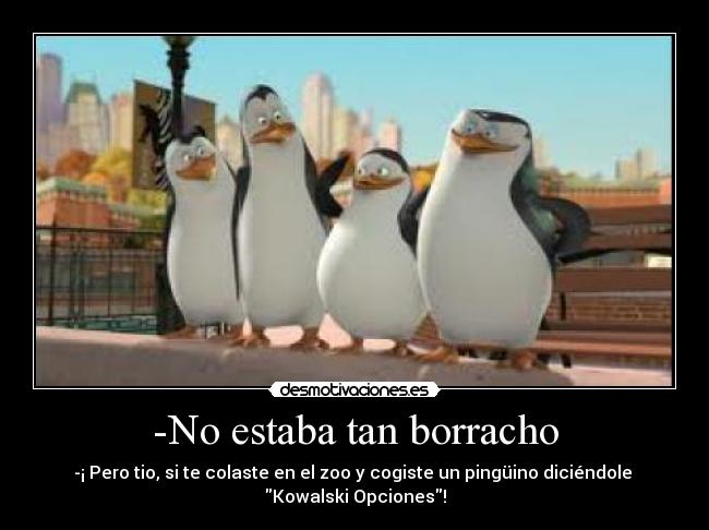 -No estaba tan borracho - -¡ Pero tio, si te colaste en el zoo y cogiste un pingüino diciéndole
Kowalski Opciones!