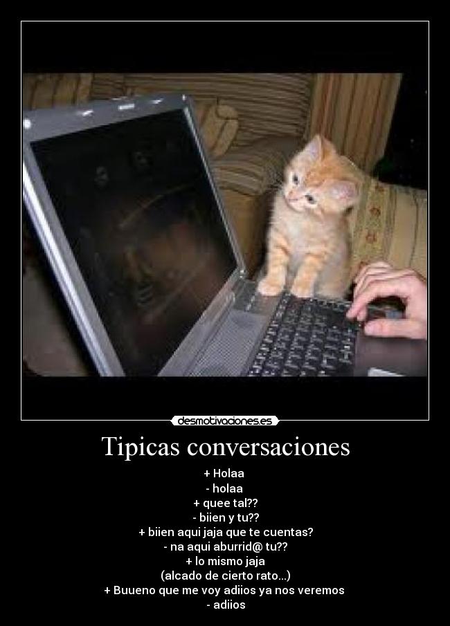 Tipicas conversaciones - + Holaa 
- holaa 
+ quee tal??
- biien y tu??
+ biien aqui jaja que te cuentas?
- na aqui aburrid@ tu??
+ lo mismo jaja
(alcado de cierto rato...)
+ Buueno que me voy adiios ya nos veremos 
- adiios