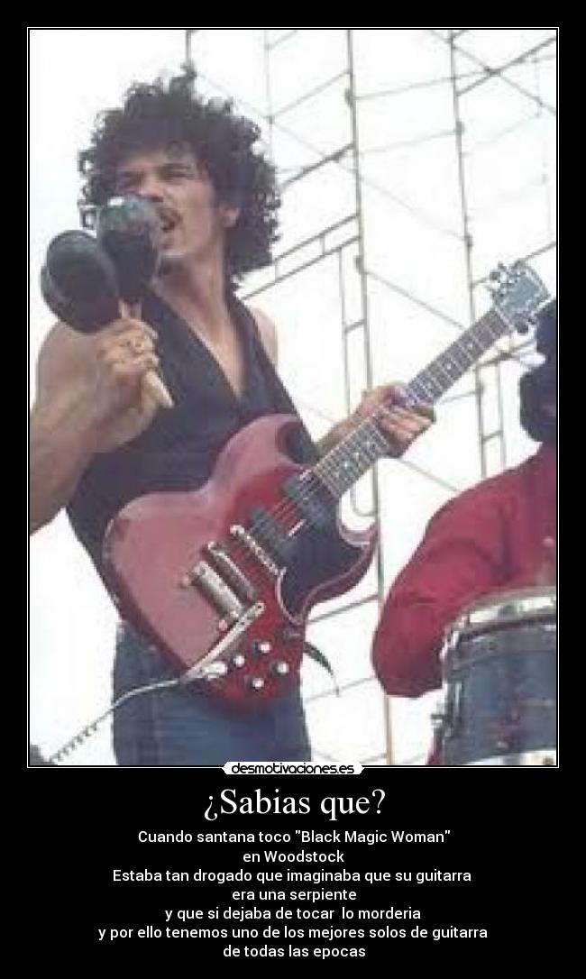 ¿Sabias que? - Cuando santana toco Black Magic Woman
en Woodstock
Estaba tan drogado que imaginaba que su guitarra
era una serpiente
y que si dejaba de tocar lo morderia
y por ello tenemos uno de los mejores solos de guitarra
de todas las epocas