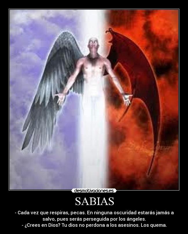 SABIAS - - Cada vez que respiras, pecas. En ninguna oscuridad estarás jamás a
salvo, pues serás perseguida por los ángeles.
- ¿Crees en Dios? Tu dios no perdona a los asesinos. Los quema.