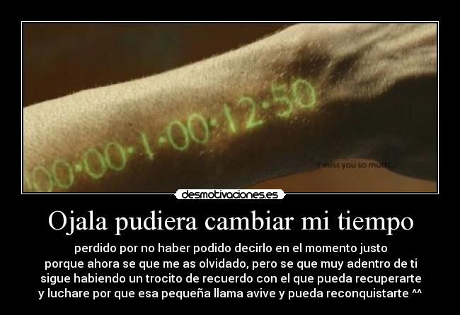 Ojala pudiera cambiar mi tiempo - perdido por no haber podido decirlo en el momento justo
porque ahora se que me as olvidado, pero se que muy adentro de ti
sigue habiendo un trocito de recuerdo con el que pueda recuperarte
y luchare por que esa pequeña llama avive y pueda reconquistarte ^^