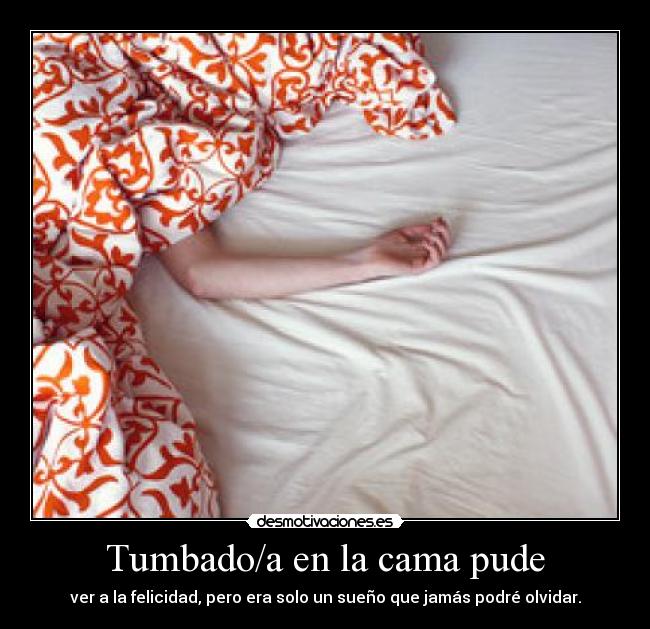 Tumbado/a en la cama pude - ver a la felicidad, pero era solo un sueño que jamás podré olvidar.