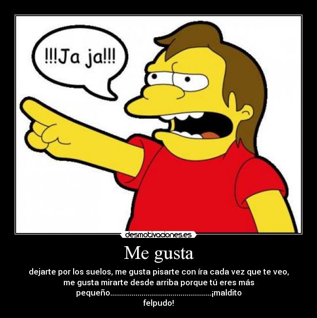 Me gusta - dejarte por los suelos, me gusta pisarte con íra cada vez que te veo,
me gusta mirarte desde arriba porque tú eres más
pequeño....................................................¡maldito
felpudo!