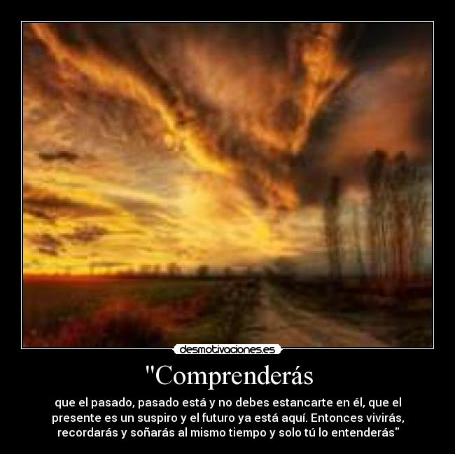 Comprenderás - que el pasado, pasado está y no debes estancarte en él, que el
presente es un suspiro y el futuro ya está aquí. Entonces vivirás,
recordarás y soñarás al mismo tiempo y solo tú lo entenderás