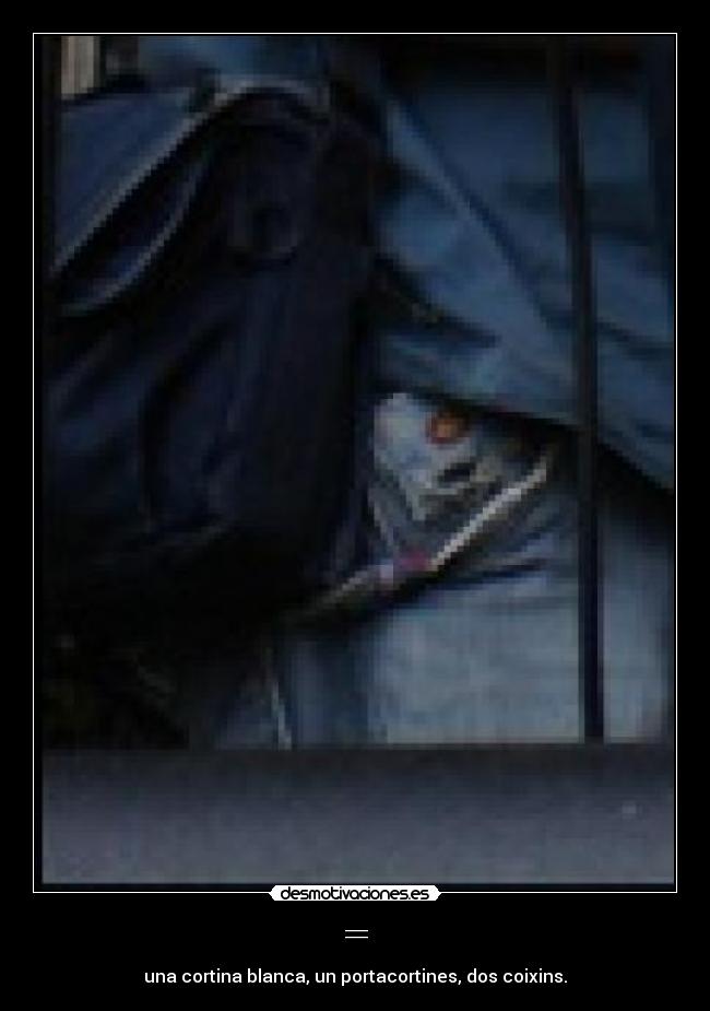 = - una cortina blanca, un portacortines, dos coixins.