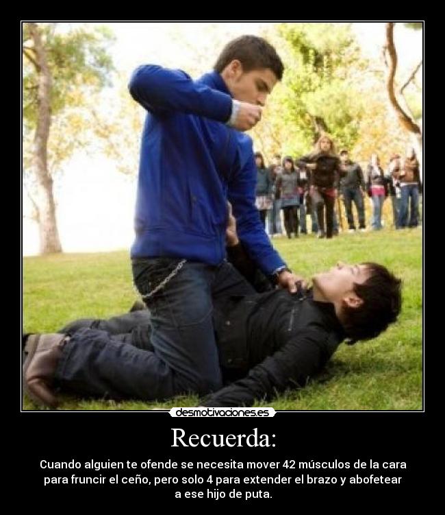 Recuerda: - Cuando alguien te ofende se necesita mover 42 músculos de la cara
para fruncir el ceño, pero solo 4 para extender el brazo y abofetear
a ese hijo de puta.