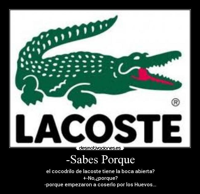 -Sabes Porque - el cocodrilo de lacoste tiene la boca abierta?
+-No,¿porque?
-porque empezaron a coserlo por los Huevos...