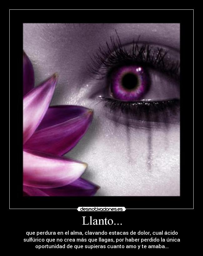Llanto... - que perdura en el alma, clavando estacas de dolor, cual ácido
sulfúrico que no crea más que llagas, por haber perdido la única
oportunidad de que supieras cuanto amo y te amaba...
