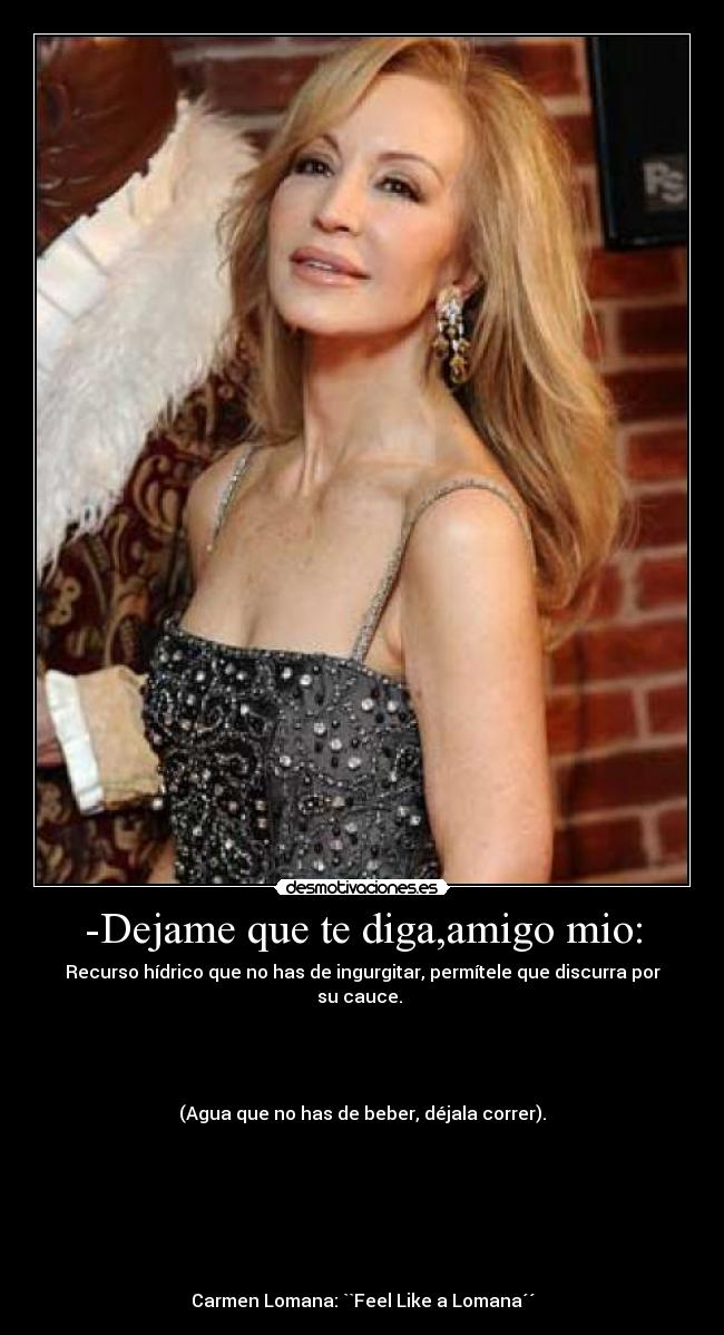 -Dejame que te diga,amigo mio: - Recurso hídrico que no has de ingurgitar, permítele que discurra por su cauce. 




(Agua que no has de beber, déjala correr).







Carmen Lomana: ``Feel Like a Lomana´´