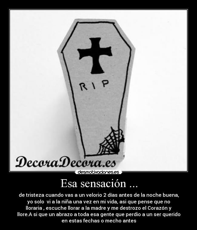 Esa sensación ... - de tristeza cuando vas a un velorio 2 días antes de la noche buena,
yo solo vi a la niña una vez en mi vida, asi que pense que no
lloraria , escuche llorar a la madre y me destrozo el Corazón y
llore.A si que un abrazo a toda esa gente que perdio a un ser querido
en estas fechas o mecho antes