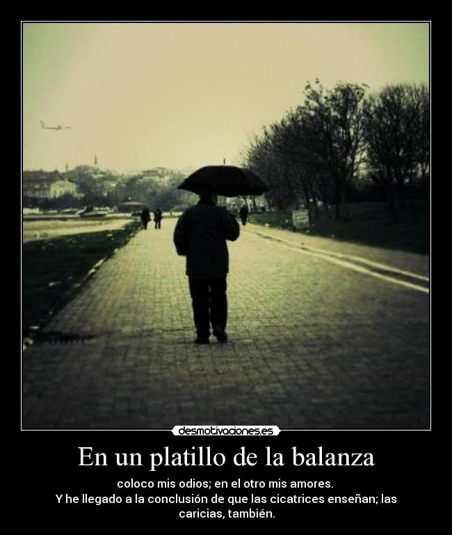 En un platillo de la balanza - coloco mis odios; en el otro mis amores.
Y he llegado a la conclusión de que las cicatrices enseñan; las caricias, también.