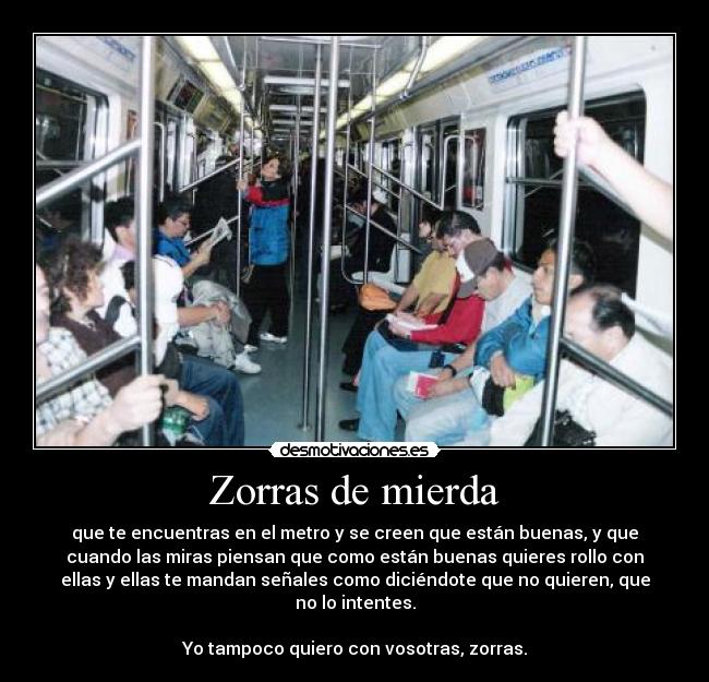 Zorras de mierda - que te encuentras en el metro y se creen que están buenas, y que
cuando las miras piensan que como están buenas quieres rollo con
ellas y ellas te mandan señales como diciéndote que no quieren, que
no lo intentes.

Yo tampoco quiero con vosotras, zorras.