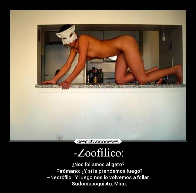 -Zoofílico: - ¿Nos follamos al gato?
–Pirómano: ¿Y si le prendemos fuego?
–Necrófilo: Y luego nos lo volvemos a follar.
-Sadomasoquista: Miau.