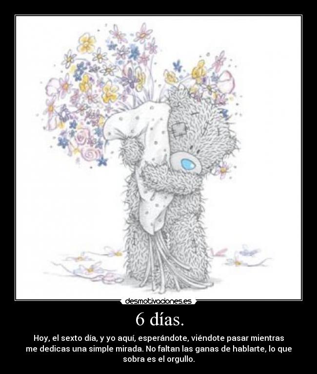 6 días. - Hoy, el sexto día, y yo aquí, esperándote, viéndote pasar mientras
me dedicas una simple mirada. No faltan las ganas de hablarte, lo que
sobra es el orgullo.