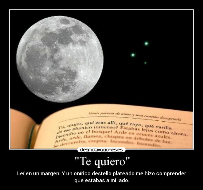 Te quiero - Leí en un margen. Y un onírico destello plateado me hizo comprender
que estabas a mi lado.