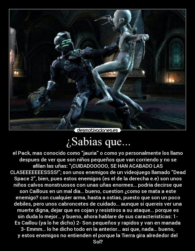 ¿Sabias que... - el Pack, mas conocido como jauria o como yo personalmente los llamo
despues de ver que son niños pequeños que van corriendo y no se
afilan las uñas: ¡CUIDADOOOOO, SE HAN ACABADO LAS
CLASEEEEEEESSSS!; son unos enemigos de un videojuego llamado Dead
Space 2, bien, pues estos enemigos (es el de la derecha e.e) son unos
niños calvos monstruosos con unas uñas enormes... podria decirse que
son Caillous en un mal dia... bueno, cuestion ¿como se mata a este
enemigo? con cualquier arma, hasta a ostias, puesto que son un poco
debiles, pero unos cabroncetes de cuidado... aunque si quereis ver una
muerte digna, dejar que es cojan y resistiros a su ataque... porque es
sin duda lo mejor... y bueno, ahora hablare de sus caracteristicas: 1-
Es Caillou (ya lo he dicho) 2- Son pequeños y rapidos y van en manada
3- Emmm... lo he dicho todo en la anterior... asi que, nada... bueno,
y estos enemigos no entienden el porque la Tierra gira alrededor del
Sol?