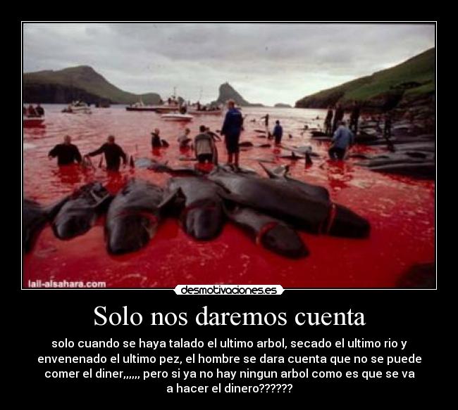 Solo nos daremos cuenta - solo cuando se haya talado el ultimo arbol, secado el ultimo rio y
envenenado el ultimo pez, el hombre se dara cuenta que no se puede
comer el diner,,,,,, pero si ya no hay ningun arbol como es que se va
a hacer el dinero??????