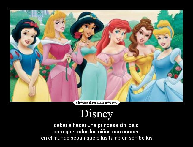 Disney - deberia hacer una princesa sin  pelo 
para que todas las niñas con cancer 
en el mundo sepan que ellas tambien son bellas